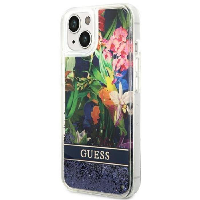 Guess - GUESS iPhone 14 Plus Skal Flower Liquid Glitter - Blå