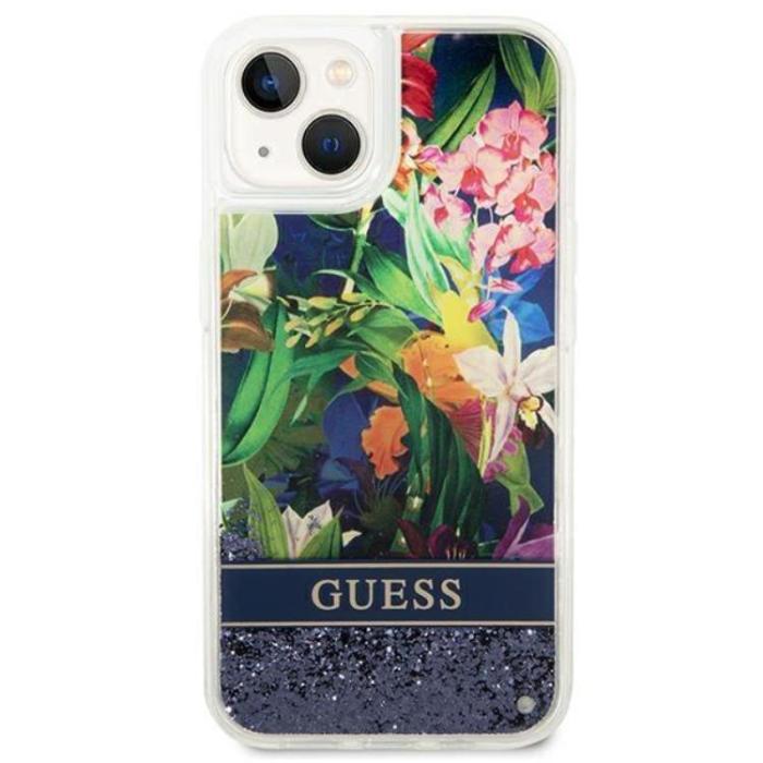 Guess - GUESS iPhone 14 Plus Skal Flower Liquid Glitter - Blå