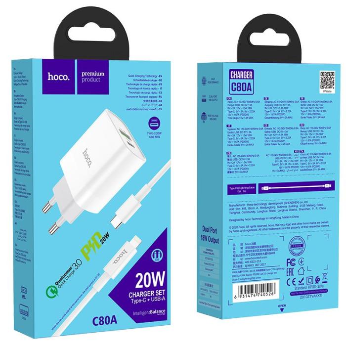 Hoco - HOCO C80a Network Charger Pd20w/Qc3.0 + Lightning Cable Vit