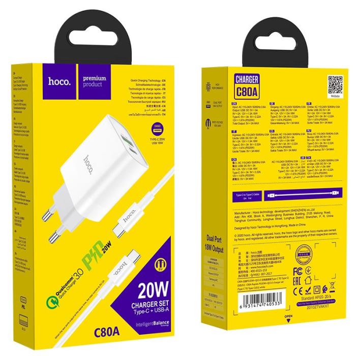 Hoco - HOCO C80a Network Charger Pd20w/Qc3.0 + USB-C Cable Vit