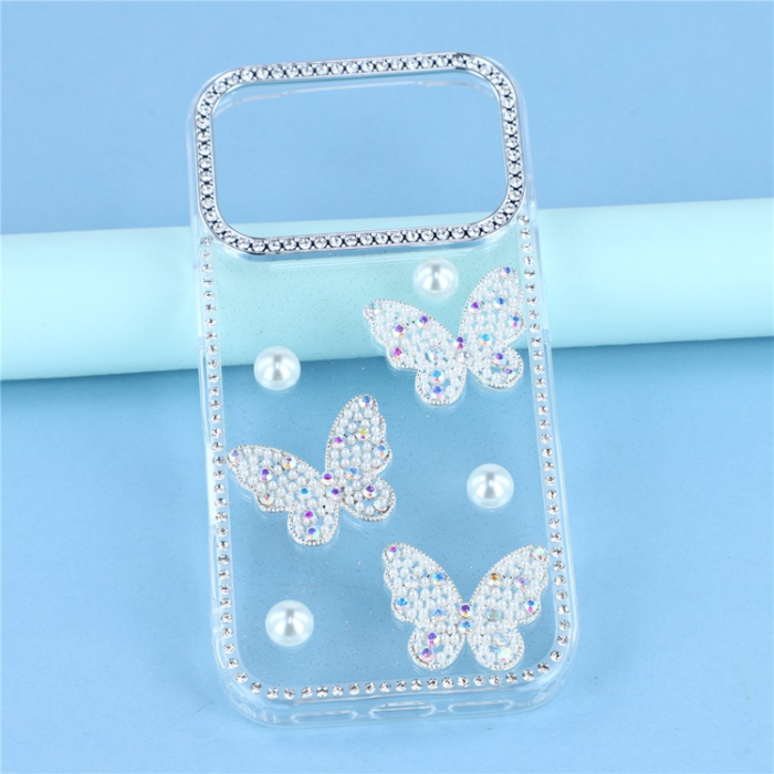 A-One Brand - iPhone 17 Pro Max Mobilskal Rhinestone Edge Pearl Butterfly