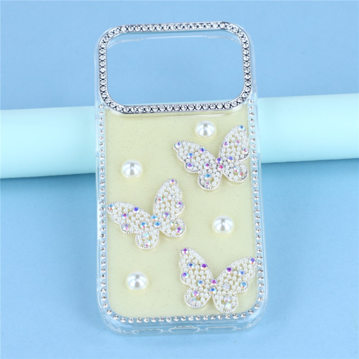 A-One Brand - iPhone 17 Pro Max Mobilskal Rhinestone Edge Pearl Butterfly