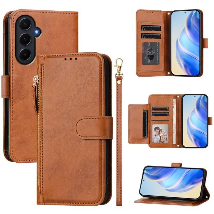 OEM - Samsung Galaxy A55 5G Plånboksfodral Dragkedja Flera Kortfack Konstläder - Brun