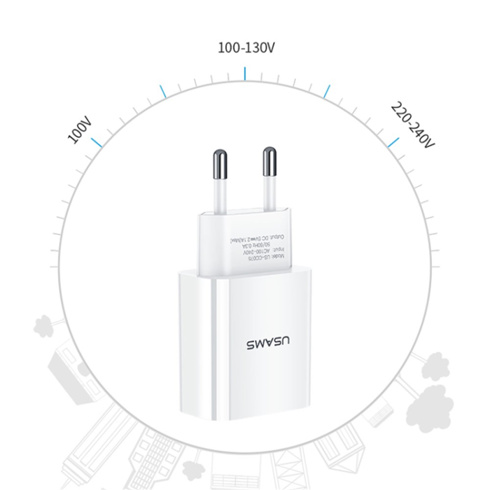 USAMS - USAMS Väggladdare USB-A US-CC075 T18 5V EU - Vit