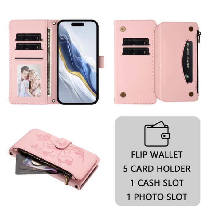 A-One Brand - iPhone 17 Pro Max Plånboksfodral Butterfly Floral Imprint - Rosa