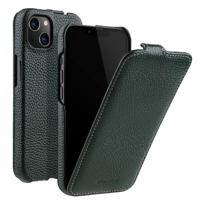 Melkco - MELKCO iPhone 14 Plus Litchi Textur Flipfodral Äkta Läder Grön