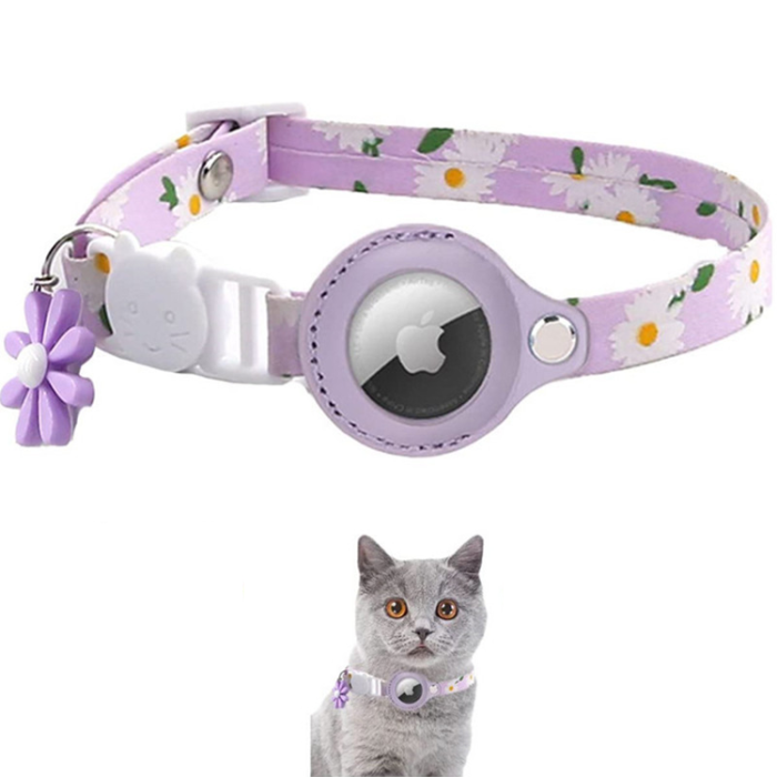A-One Brand - Airtag Katt Halsband Blommönstrat PU-läder - Lila