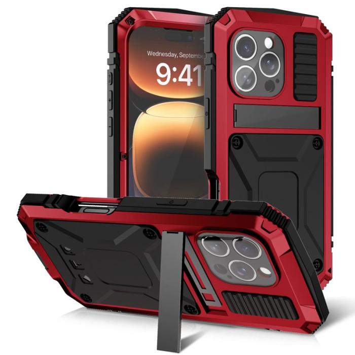 R-JUST - R-JUST Mobilskal till iPhone 16 Pro Max PC+Silicone+Metal Kickstand Röd