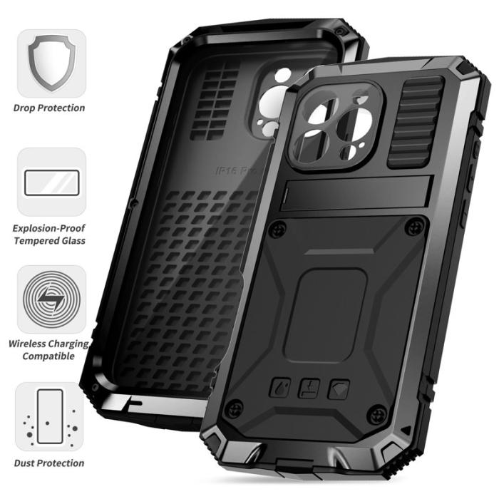 R-JUST - R-JUST Mobilskal till iPhone 16 Pro Max PC+Silicone+Metal Kickstand Svart