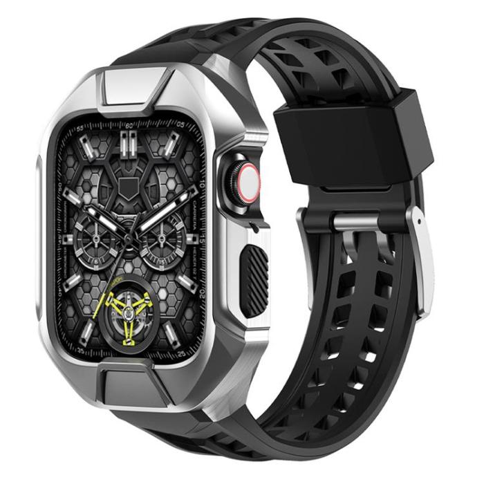 Kingxbar - Kingxbar Apple Watch 7/8 (45mm) Armband CYF136 2in1 Rugged - Silver
