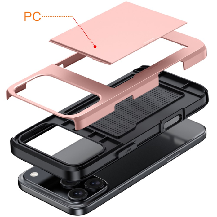 Amorus - AMORUS iPhone 17 Pro Mobilskal Med Glidande Korthållare - Roséguld