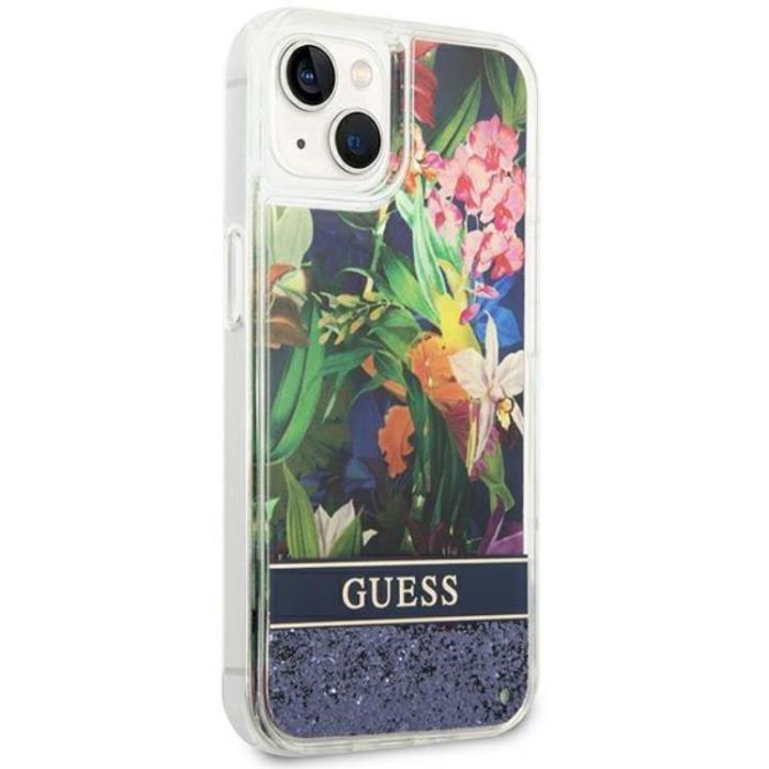 Guess - GUESS iPhone 14 Plus Skal Flower Liquid Glitter - Blå