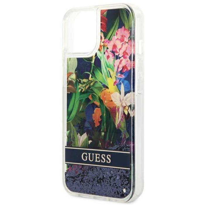 Guess - GUESS iPhone 14 Plus Skal Flower Liquid Glitter - Blå