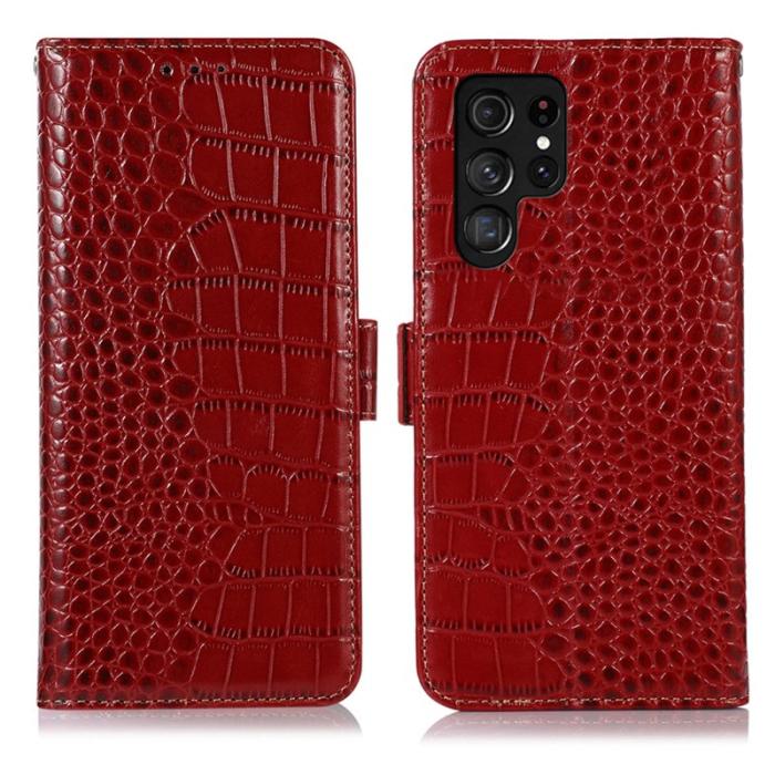 OEM - Samsung Galaxy S26 Ultra Fodral RFID Skydd Äkta Läder Krokodil - Röd