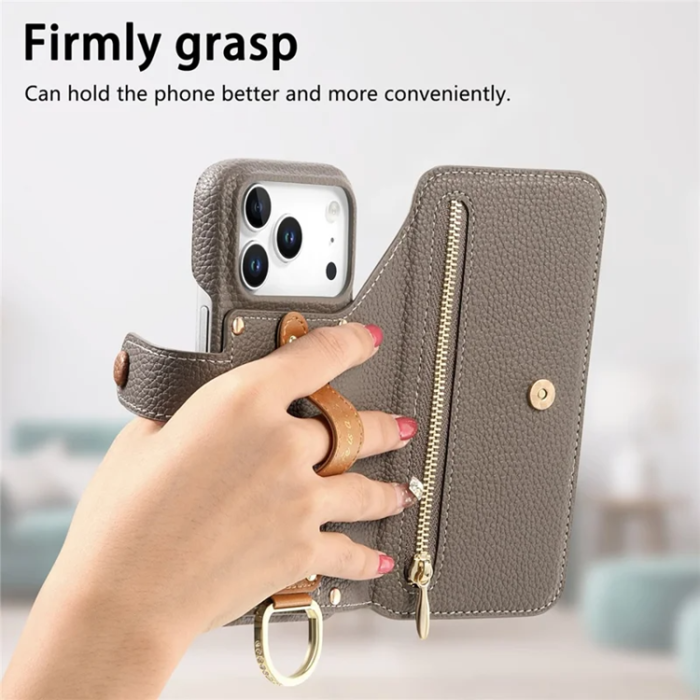 A-One Brand - iPhone 17 Pro Max Konstläder Plånboksfodral RFID-Skydd Zipper - Grå