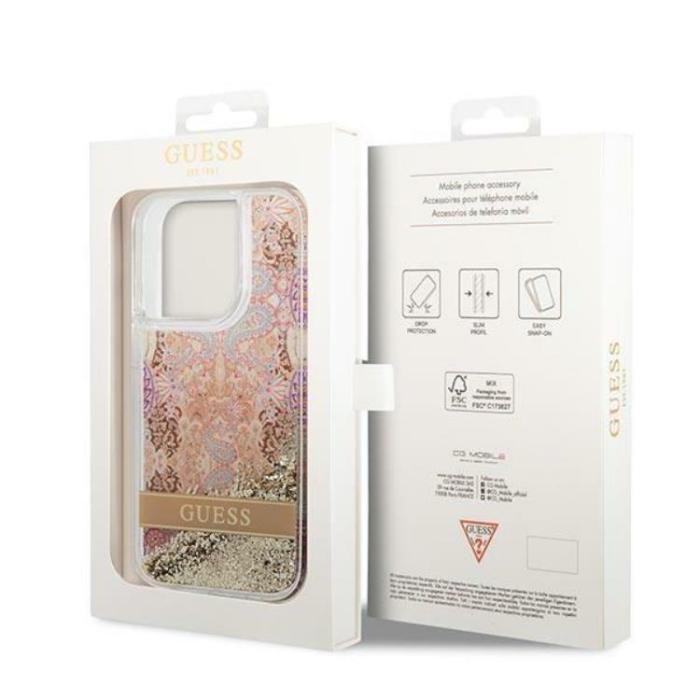 Guess - GUESS iPhone 14 Pro Max Skal Paisley Liquid Glitter - Guld