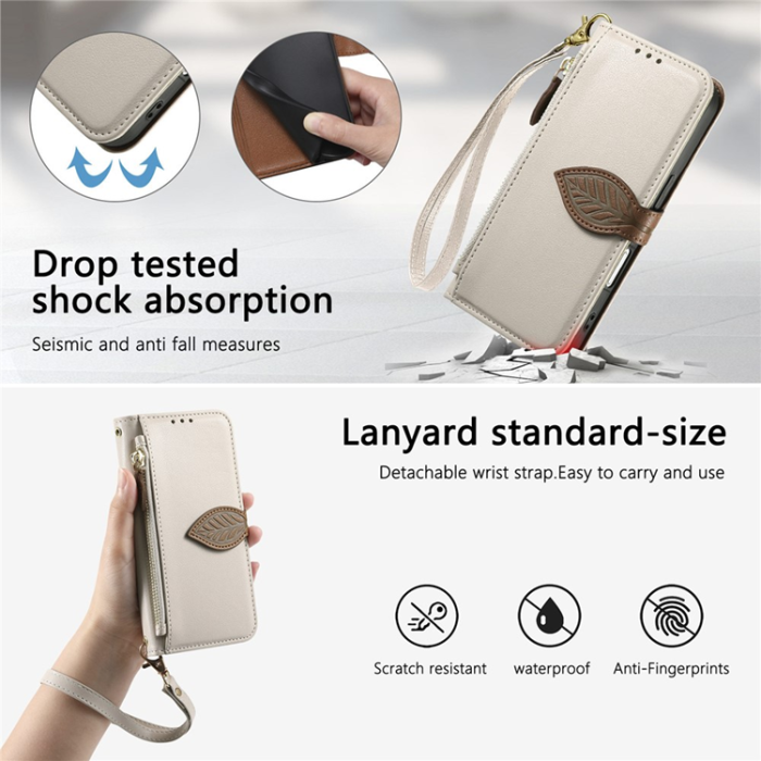 A-One Brand - iPhone 17 Pro Max Plånboksfodral Leaf Magnetiskt Spänne Konstläder - Beige