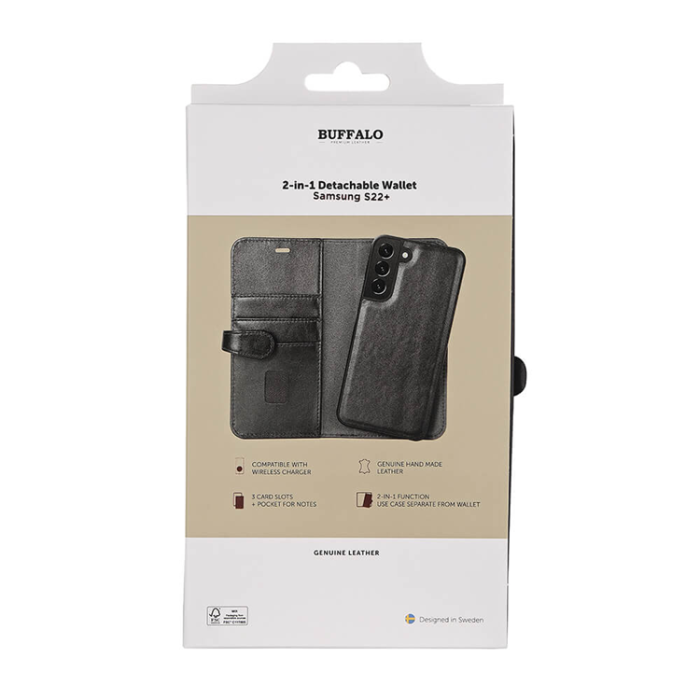 BUFFALO - BUFFALO äkta läder Mobilfodral 2in1 Galaxy S22 Plus - Svart
