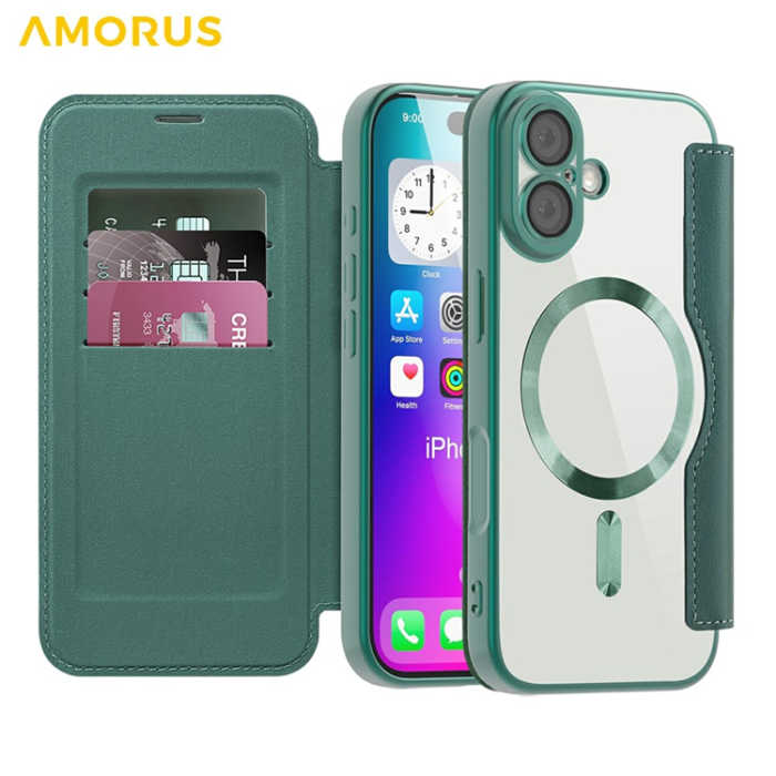 Amorus - AMORUS iPhone 17 Plånboksfodral MagSafe RFID Blocking - Grön