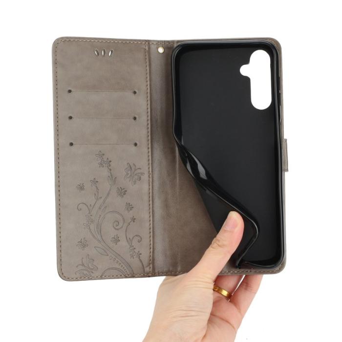 OEM - Samsung Galaxy S26 Plus Plånboksfodral Konstläder Fjäril Blomma - Grå