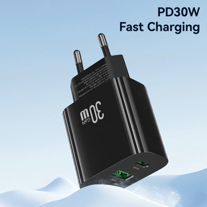 USAMS - USAMS Snabbladdare 30W USB-A - USB-C EU CC316 T65 - Svart