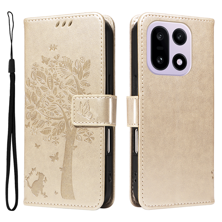 OnePlus 15 5G Plånboksfodral Cat Tree Pattern Konstläder (Guld) | 2353 | AlltMobil