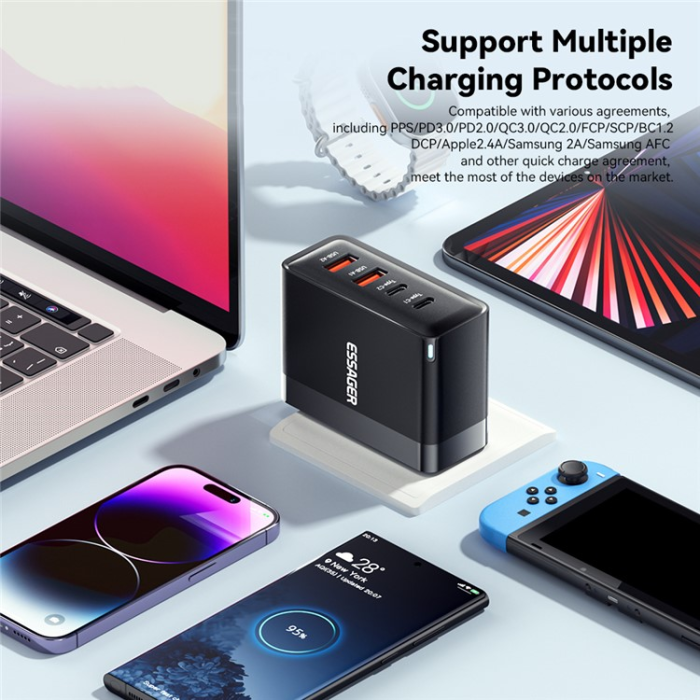 ESSAGER - ESSAGER Väggladdare 100W 2x USB-C - 2x USB-A ES-CD37 US Svart
