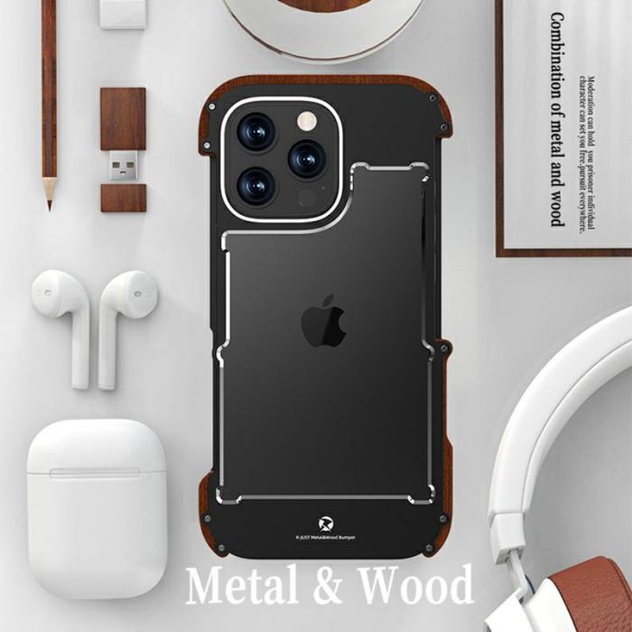 R-JUST - R-JUST Mobilskal till iPhone 16 Pro Aluminium + Rödwood Röd Frameless
