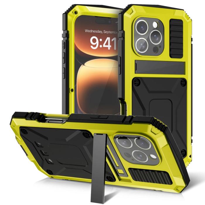 R-JUST - R-JUST Mobilskal till iPhone 16 Pro PC+Silicone+Metal Ställ - Gul