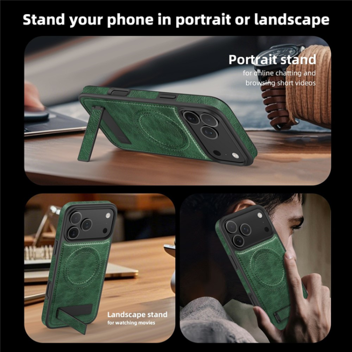 A-One Brand - iPhone 17 Pro Max Mobilskal MagSafe Kickstand Läder - Svartgrön