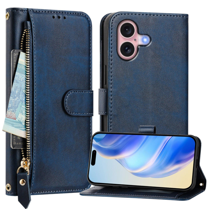 A-One Brand - iPhone 16 Plus Plånboksfodral Zipper Pocket Läder - Blå