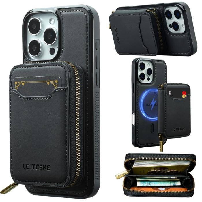 LC.imeeke - LC.IMEEKE L6 iPhone 14 Pro Max Plånboksfodral Konstläder - Svart