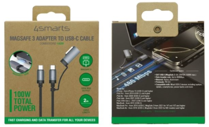 4smarts - 4marts USB-C Till USB-C Kabel 2m Med Magsafe Adapter - Svart
