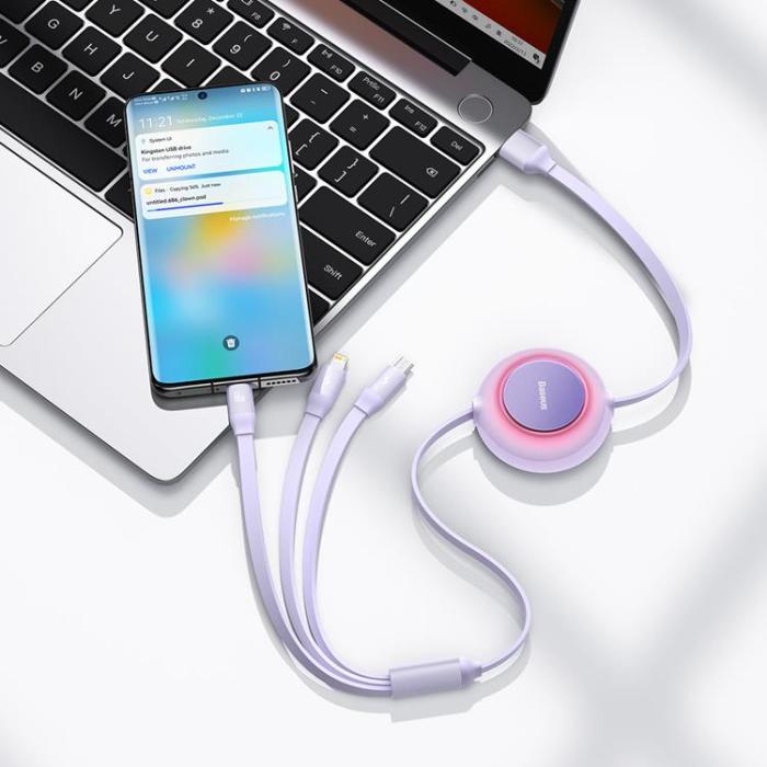 BASEUS - Baseus Retractable 3in1 microUSB/Lightning/Typ-C 66W 1.1m - Lila