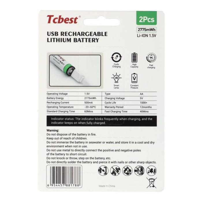 TCBEST - [2-Pack] TCBEST Uppladdningsbart Batteri R6 (AA) 750 mAh Typ-C