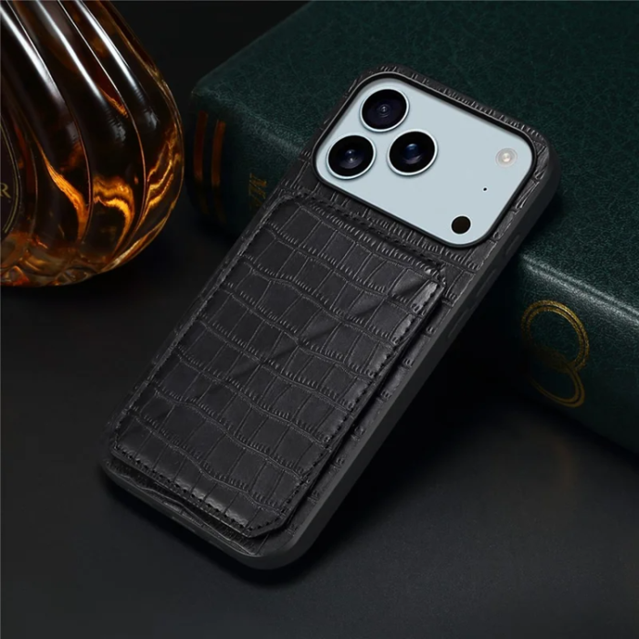 A-One Brand - iPhone 17 Pro Max Mobilskal Korthållare Crocodile Textured - Svart