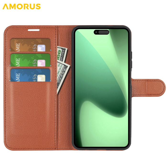 Amorus - AMORUS iPhone 17 Pro Plånboksfodral Flipstativ Litchi - Brun