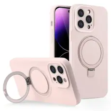 A-One Brand - Mobilskal f&ouml;r iPhone 15 Pro Max Liquid Silikon Magnetisk Kickstand - Rosa