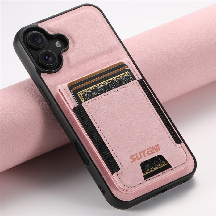 SUTENI - SUTENI iPhone 16 Mobilskal Korthållare Litchi Läder - Rosa