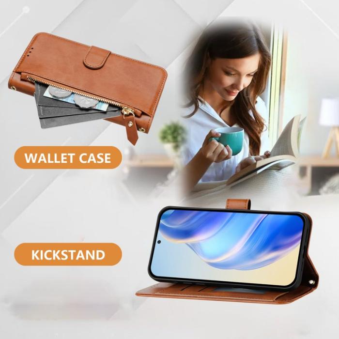 OEM - Samsung Galaxy A55 5G Plånboksfodral Dragkedja Flera Kortfack Konstläder - Brun