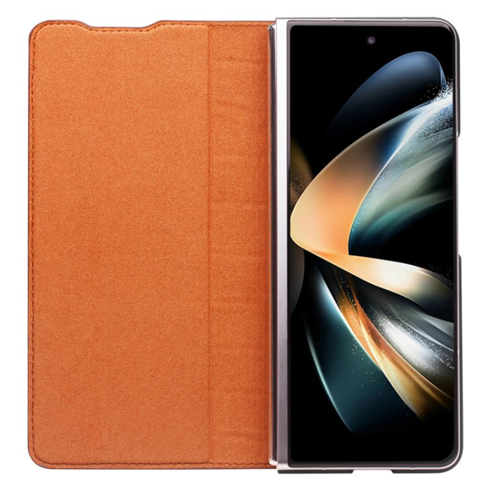 QIALINO - QIALINO Galaxy Z Fold 4 Fodral Äkta Läder Cowhide Crocodile - Brun