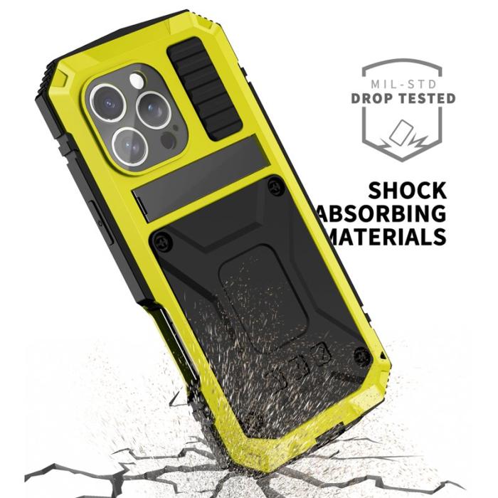 R-JUST - R-JUST Mobilskal till iPhone 16 Pro PC+Silicone+Metal Ställ - Gul