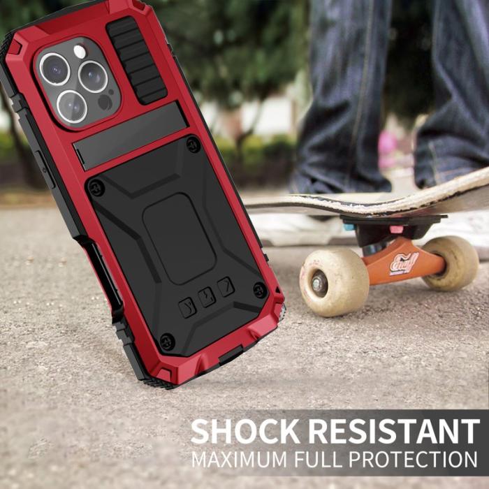 R-JUST - R-JUST Mobilskal till iPhone 16 Pro PC+Silicone+Metal Ställ - Röd