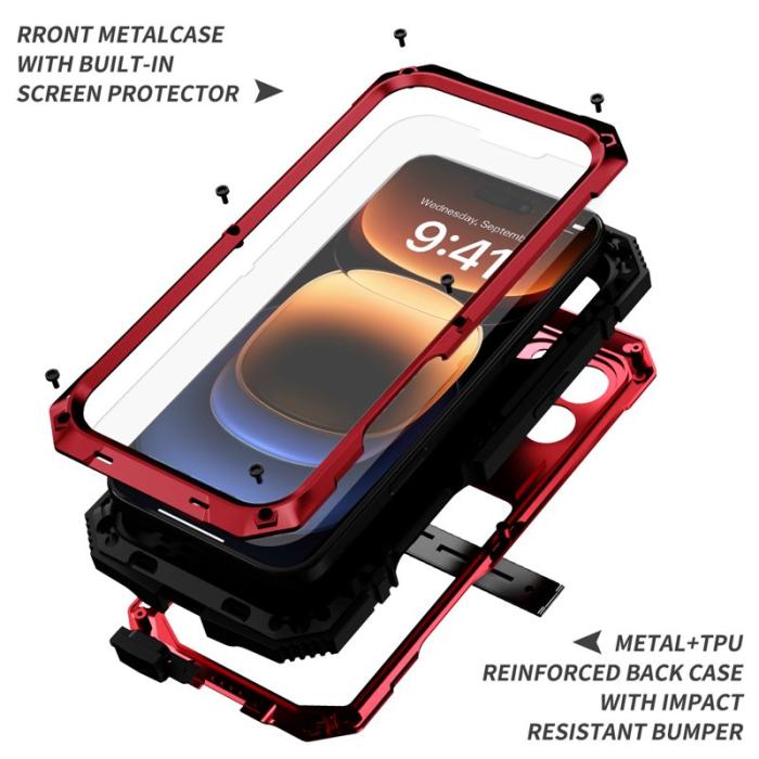 R-JUST - R-JUST Mobilskal till iPhone 16 Pro PC+Silicone+Metal Ställ - Röd