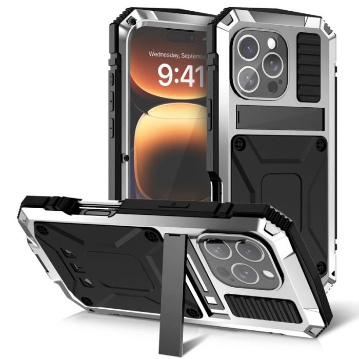 R-JUST - R-JUST Mobilskal till iPhone 16 Pro PC+Silicone+Metal Ställ Silver