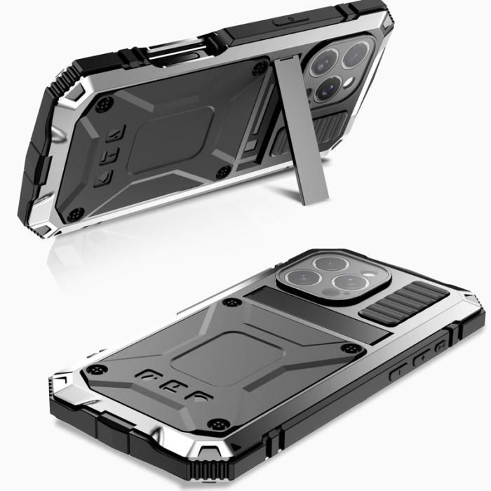 R-JUST - R-JUST Mobilskal till iPhone 16 Pro PC+Silicone+Metal Ställ Silver