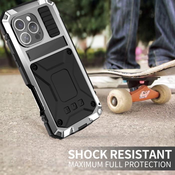 R-JUST - R-JUST Mobilskal till iPhone 16 Pro PC+Silicone+Metal Ställ Silver
