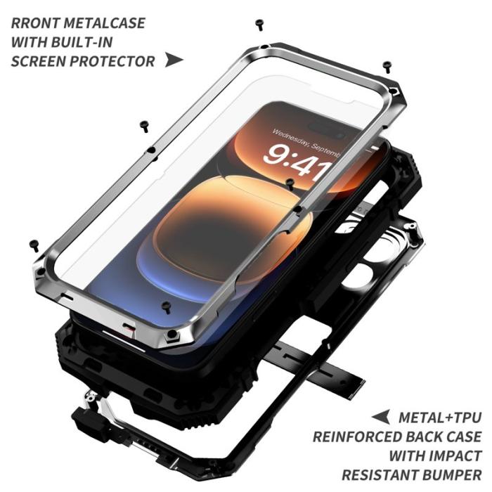 R-JUST - R-JUST Mobilskal till iPhone 16 Pro PC+Silicone+Metal Ställ Silver