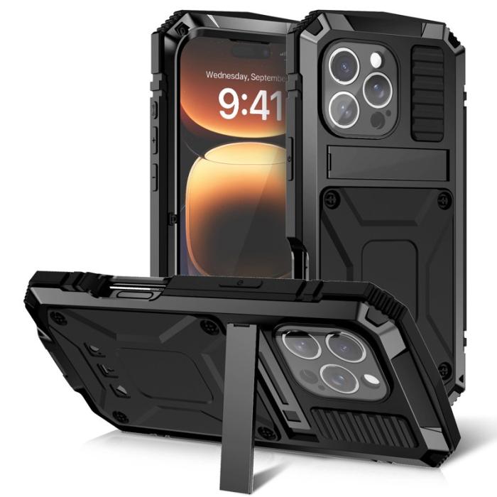 R-JUST - R-JUST Mobilskal till iPhone 16 Pro PC+Silicone+Metal Ställ - Svart