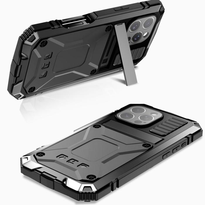 R-JUST - R-JUST Mobilskal till iPhone 16 Pro PC+Silicone+Metal Ställ - Svart